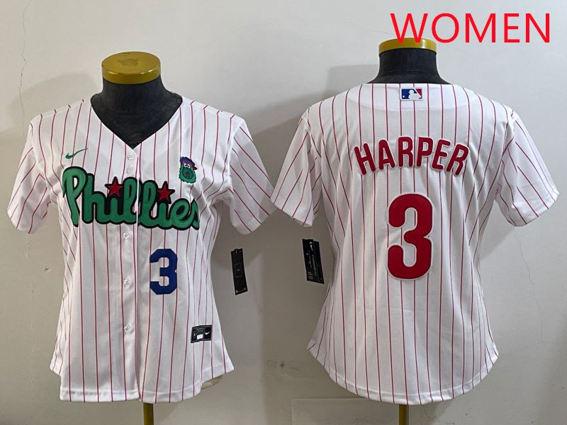 Women Philadelphia Phillies #3 Harper White Stripe Second generation joint name 2025 Nike MLB Jersey style 2